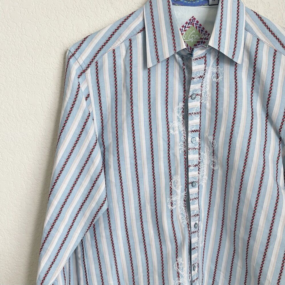Robert Graham Men’s Small Blue Striped Button Up Long Sleeve Dress Shirt Flip Cu - Picture 2 of 12